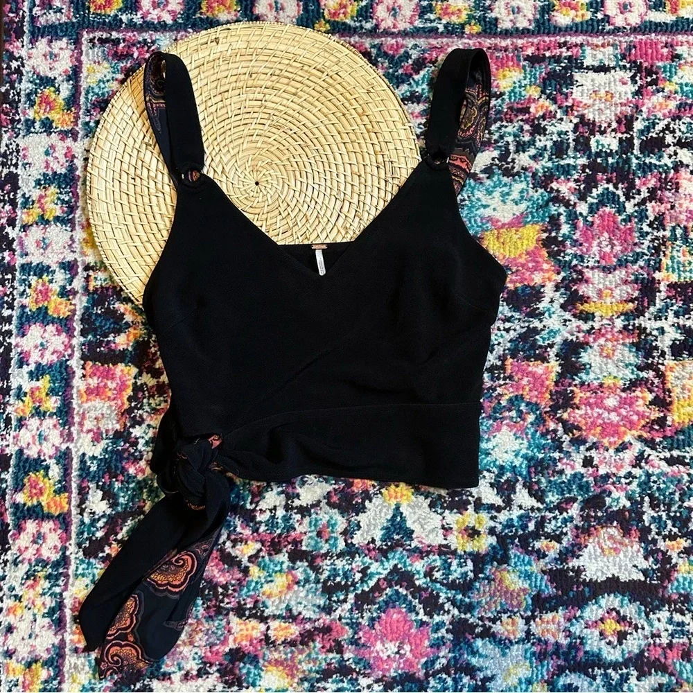 Free People Paisley Tie Hem Crop Top Sleeveless Womens Large Black